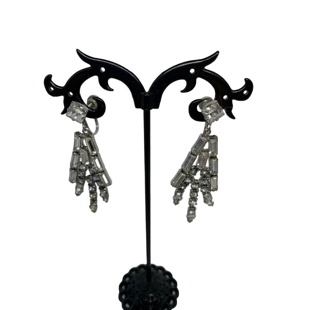 Vintage Rhinestone Earrings Dangle 2" Drop Screwback Non-Pierced