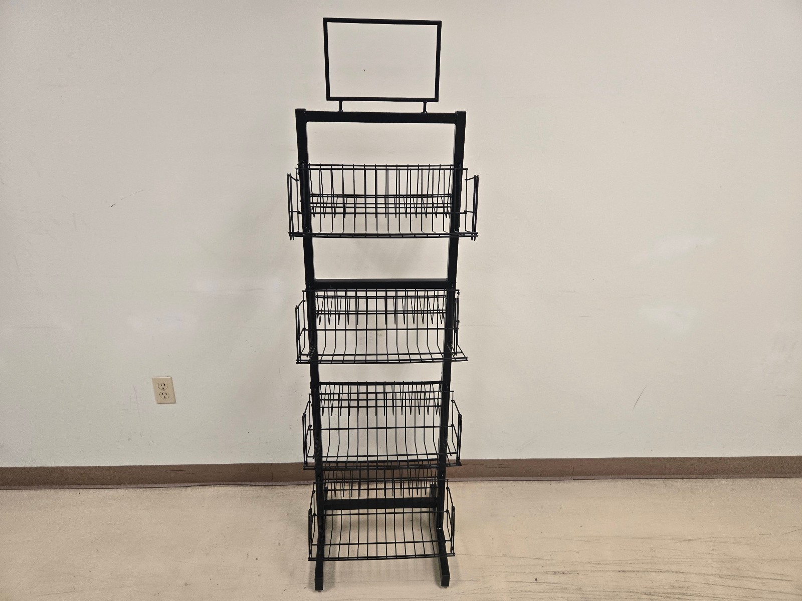 2 Sided Metal Display Rack With 8 Wire Basket Shelves and HeaderBoard