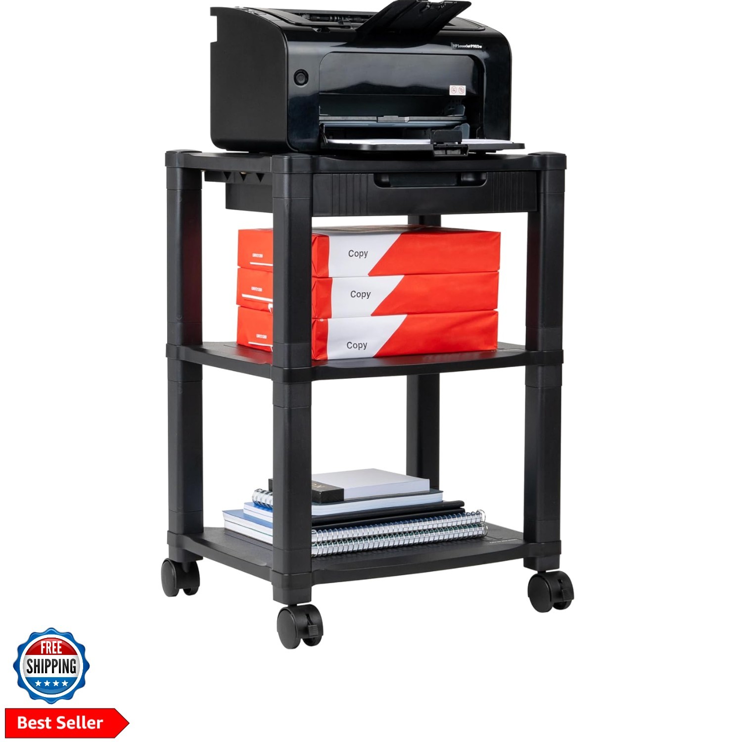 Compact Rolling Printer Cart, Utility Stand with Wheels and Drawer, Space Sav...