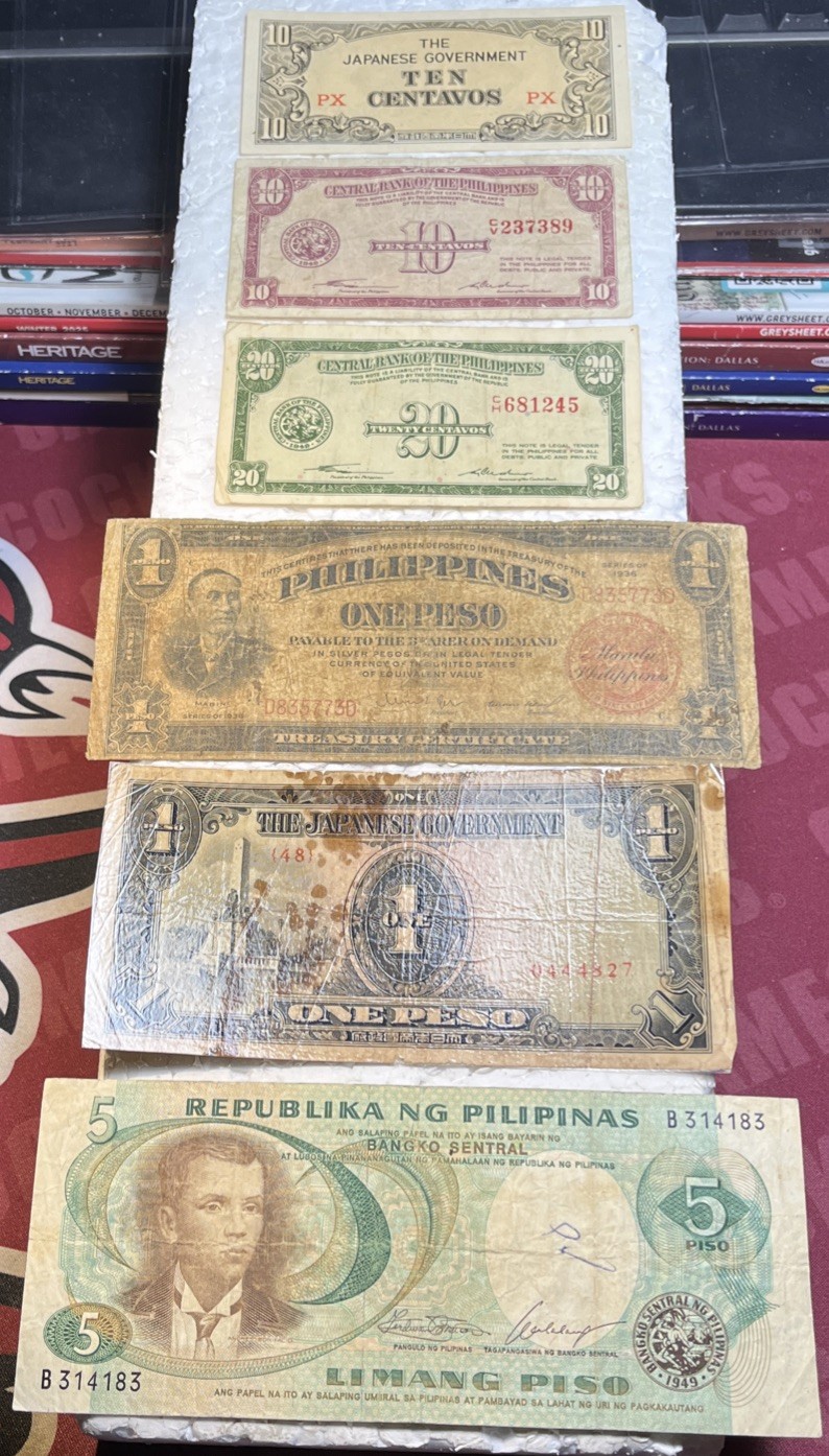 1936 - 1969 Philippines 10 & 20 Centavos & 1 & 5 Pesos 6 Paper Banknotes Lot