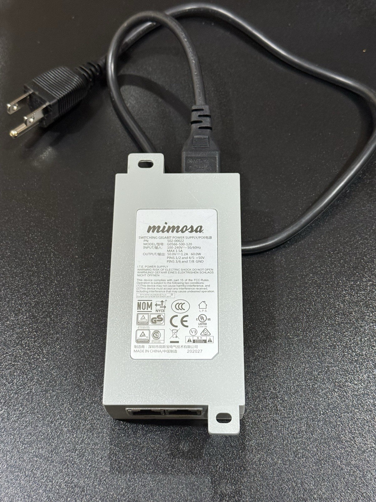 New Mimosa Gigabit PoE Injector 502-00022 In 100-240V Out 50V 1.2A 60W