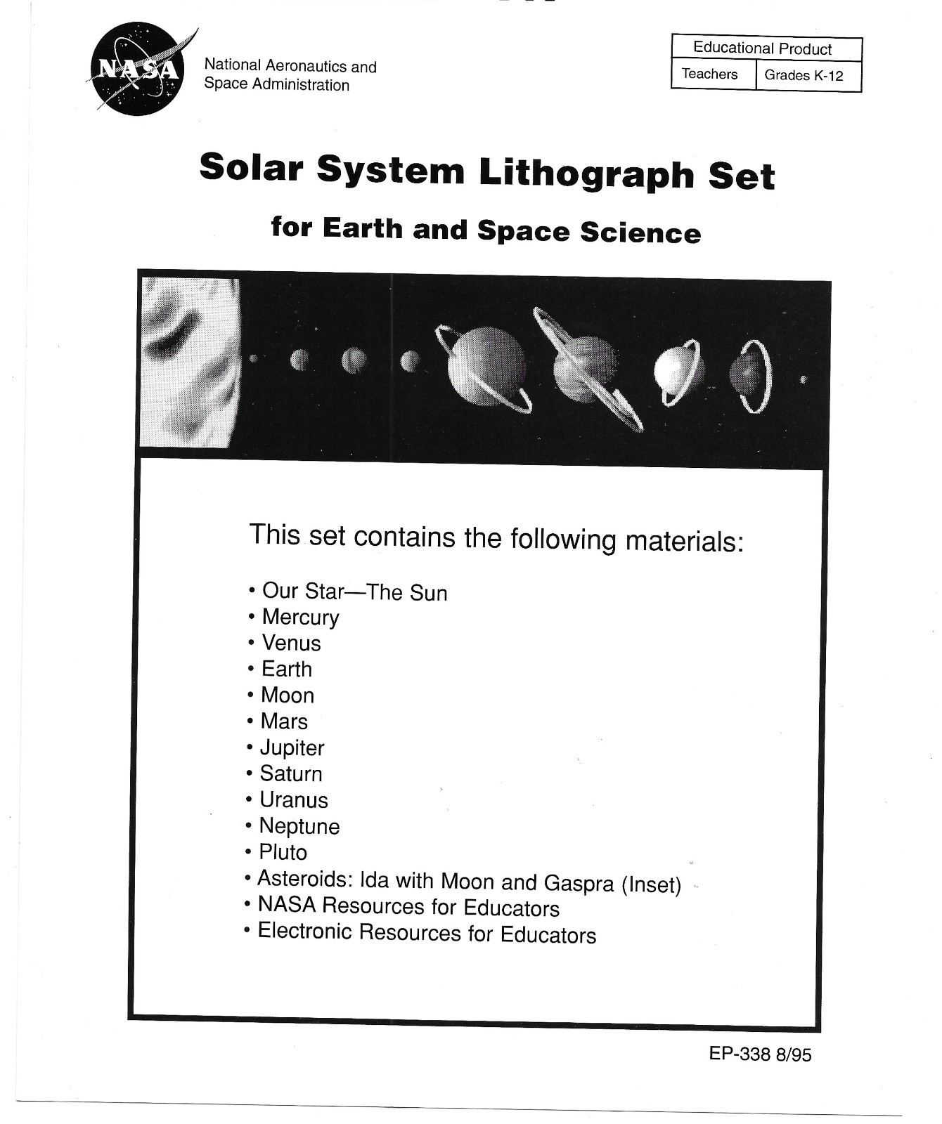 NASA Solar System Lithograph Set 12 photos EP-338 8/95 educational grades K-12