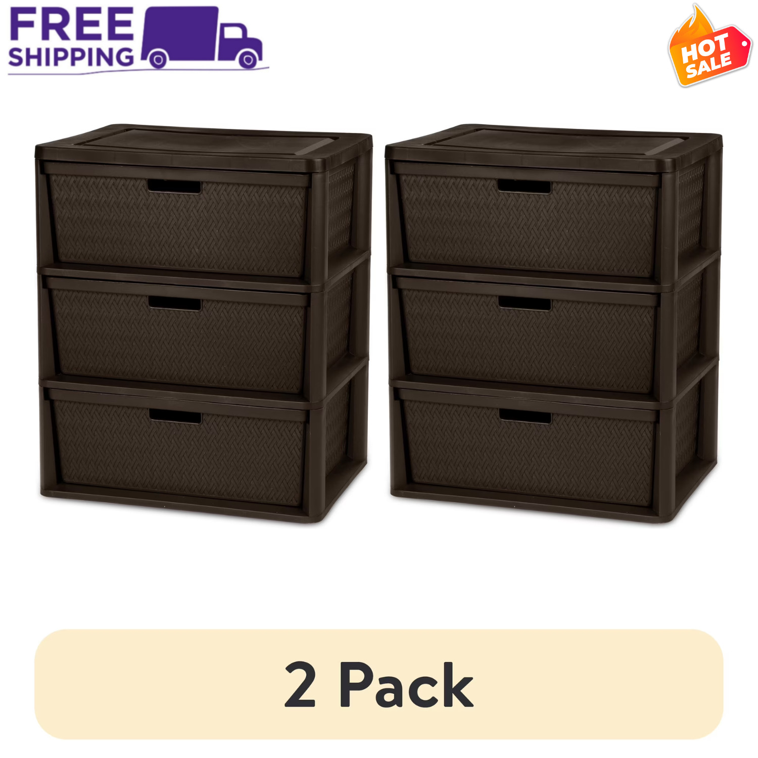 2 Pack Sterilite 3 Drawer Tower Wide Storage Organizer Brown Plastic Bins