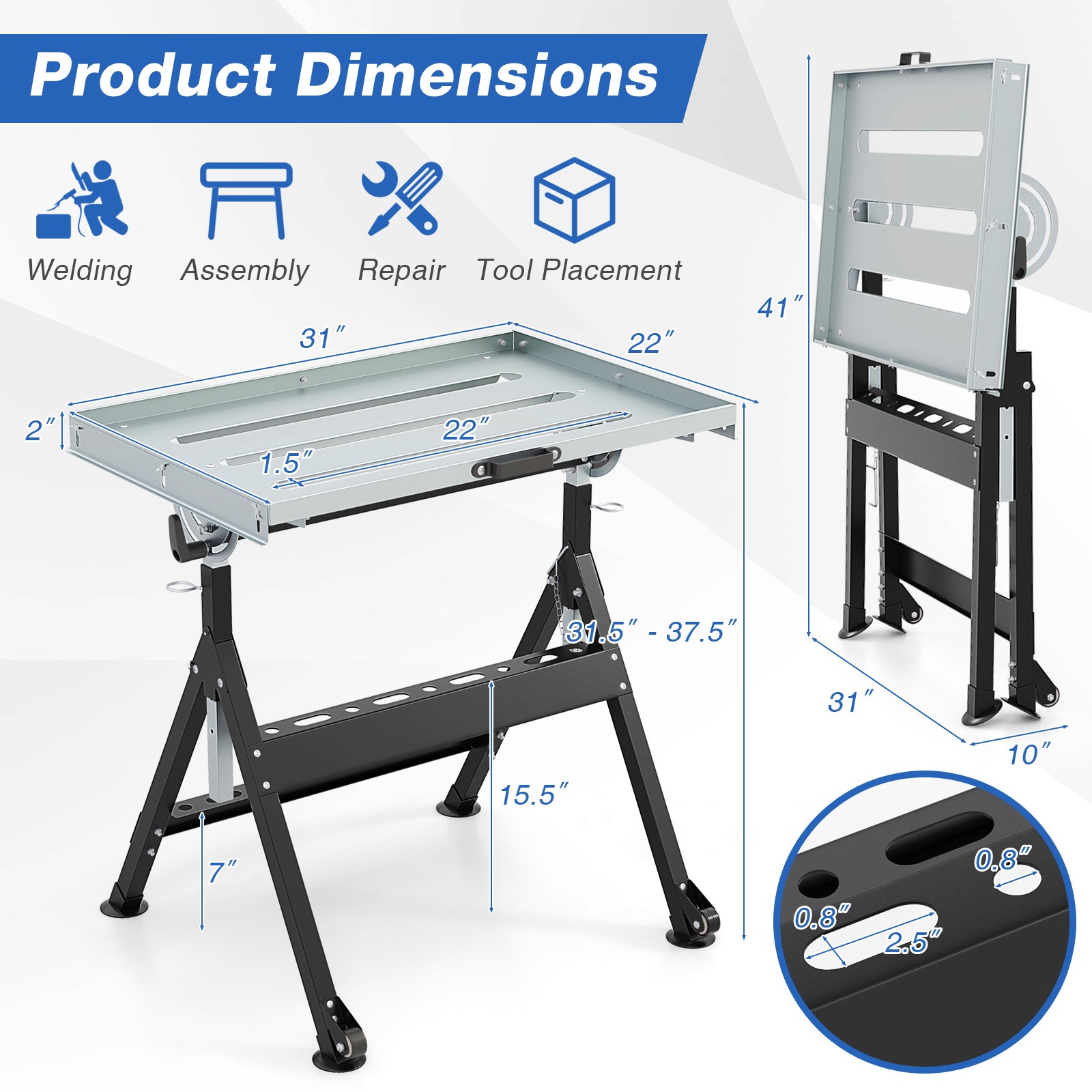 Folding Welding Table w/Tabletop 2 Fixed Wheels 4-Level Height 5 Tilting Angles