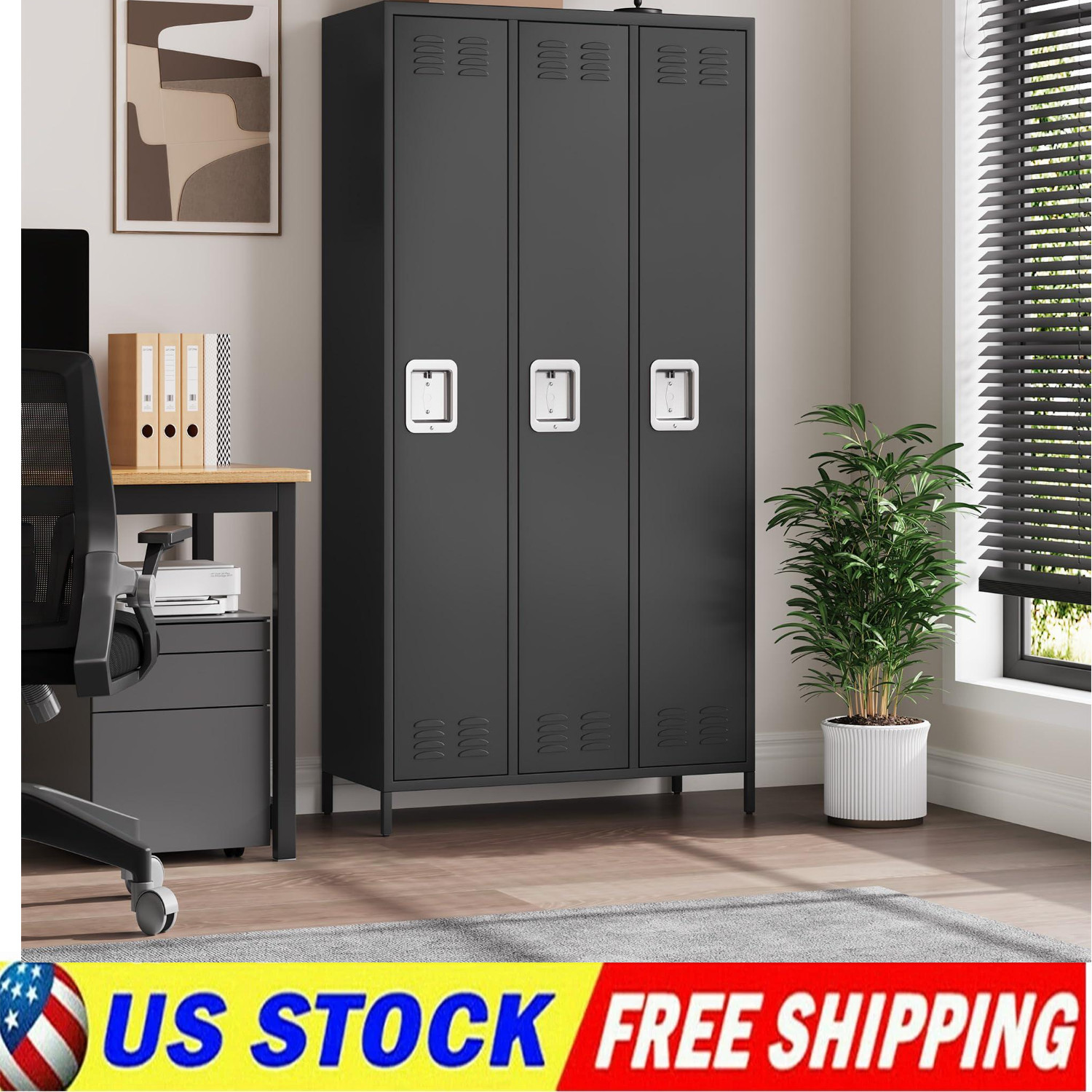Metal Locker with 3 Doors, Tall Steel Locker Storage Cabinet for Office Employee