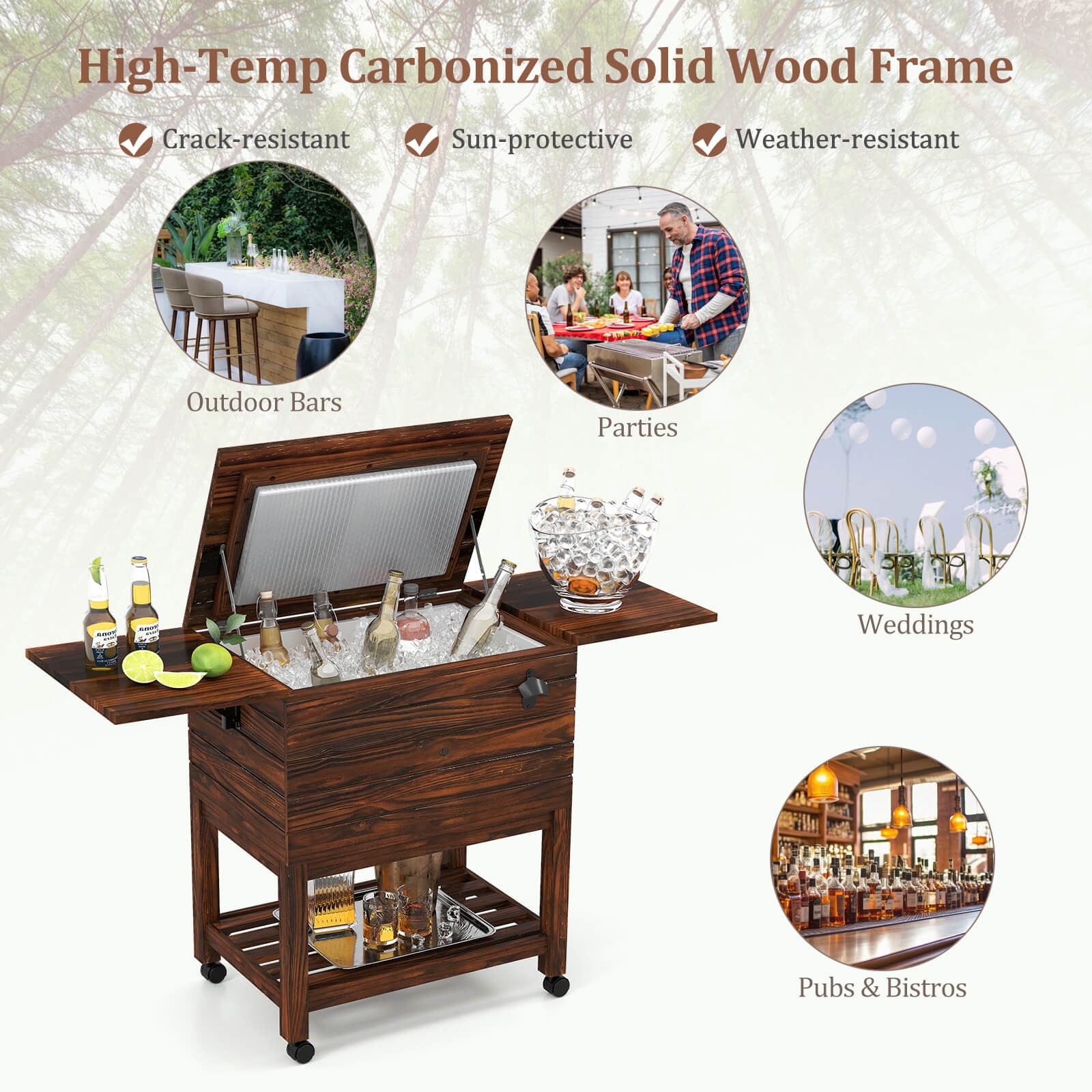 54 Quart Rolling Wooden Patio Cooler Cart with 2 Drop Leaf Tables Bottle Opener