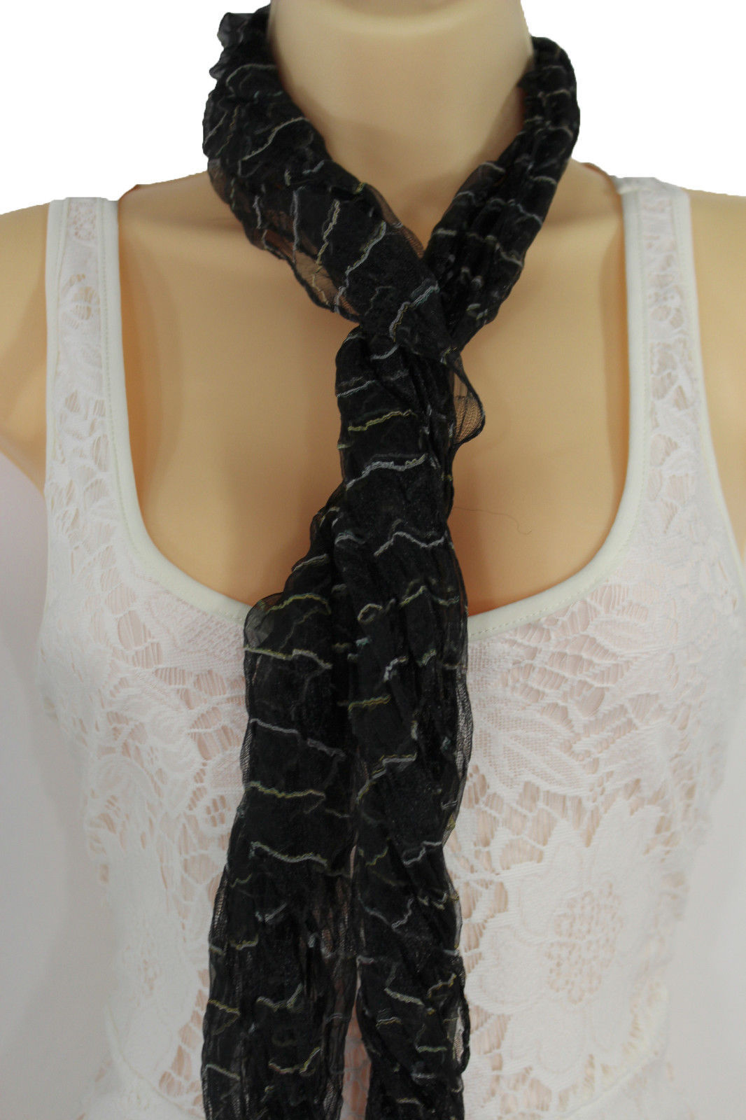 New Women Fashion Neck Scarf Sheer Fabric Light Long Striprs Black White Wrap
