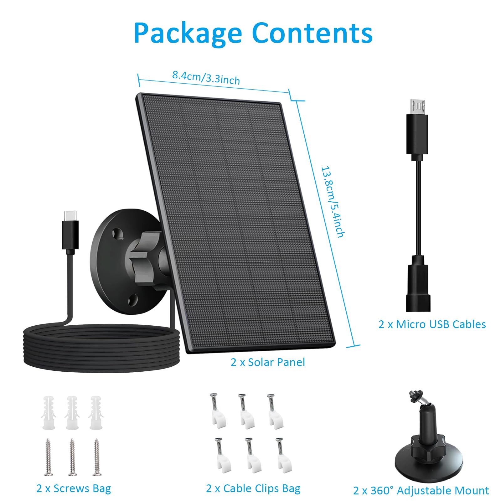 2W Solar Panel for Security Camera, USB/USB-C Charger, IP65 Waterproof, 360°