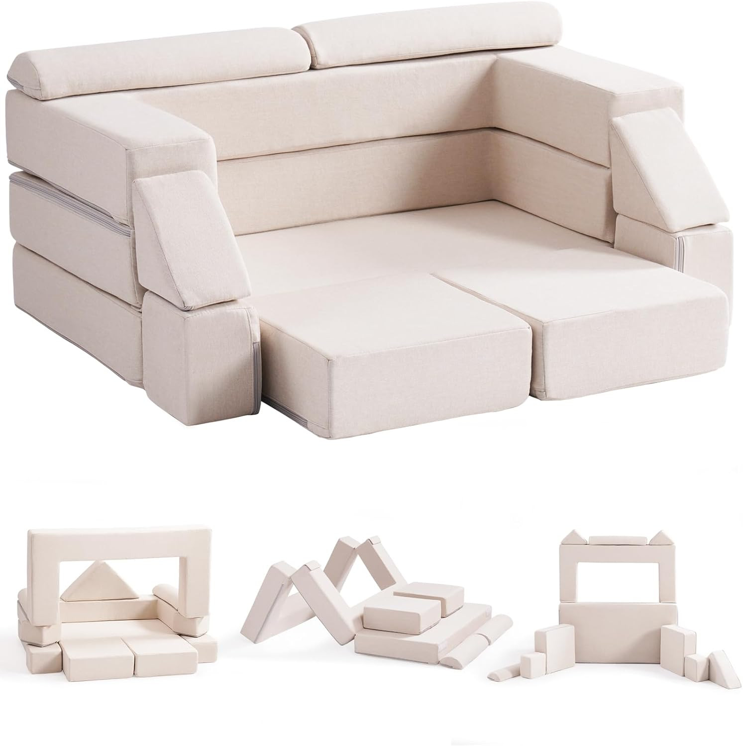 Beige Modular Kids Couch - Washable DIY Toddler Sofa for Playroom & Nursery