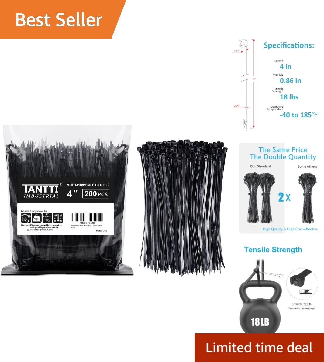 4 Inch Black Zip Ties Set of 200, 18 lb Tensile Strength, High-Quality Nylon