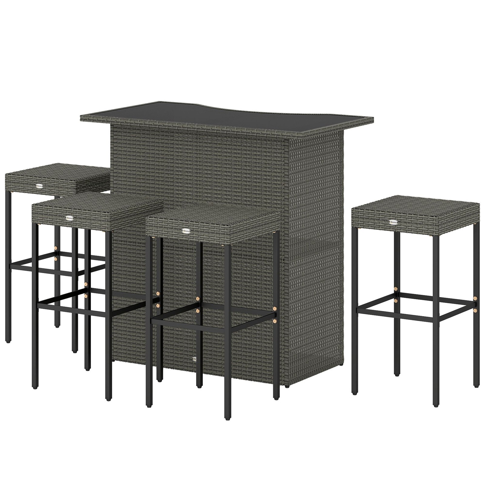 5 Piece Rattan Wicker Bar Set, High Top Outdoor Table with 4 Stools, Gray