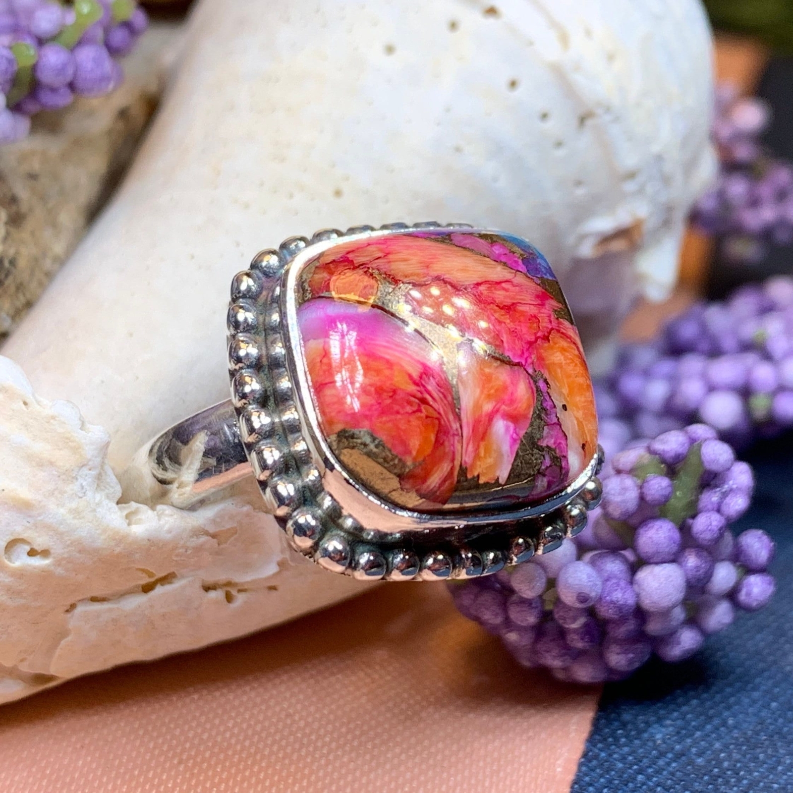 Ladies Statement Ring Boho Spiny Oyster Turquoise Large Wiccan Pagan Ring 925
