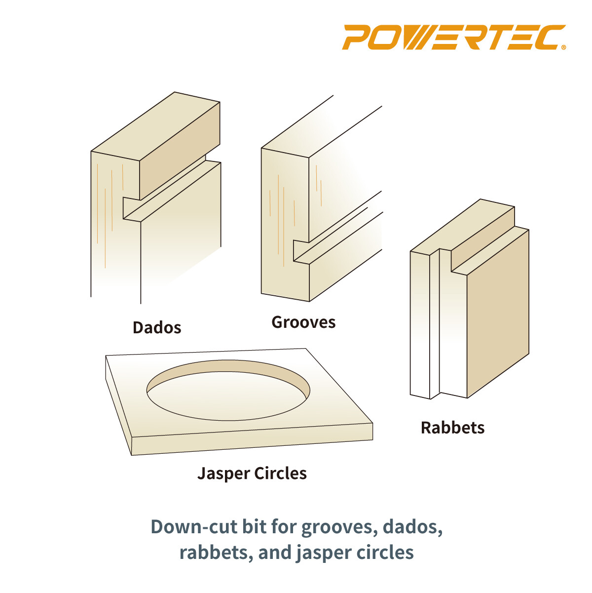POWERTEC Solid Carbide Router Bit, Spiral Down Cut, 1/4" Shank x 1/4 Dia (73004)