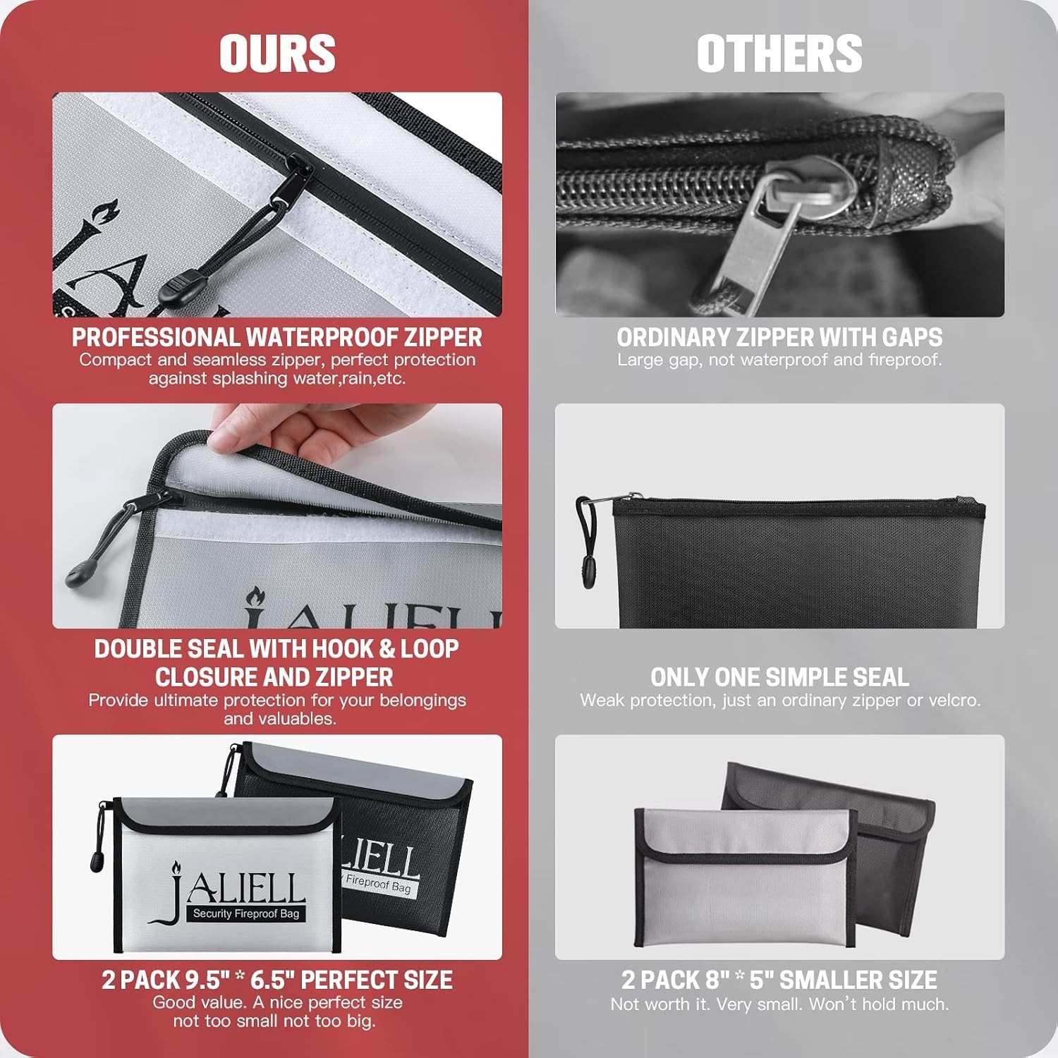 2 Pack Fireproof Money Bags 9.5x6.5", Waterproof Zipper Bag for Cash & Valuables