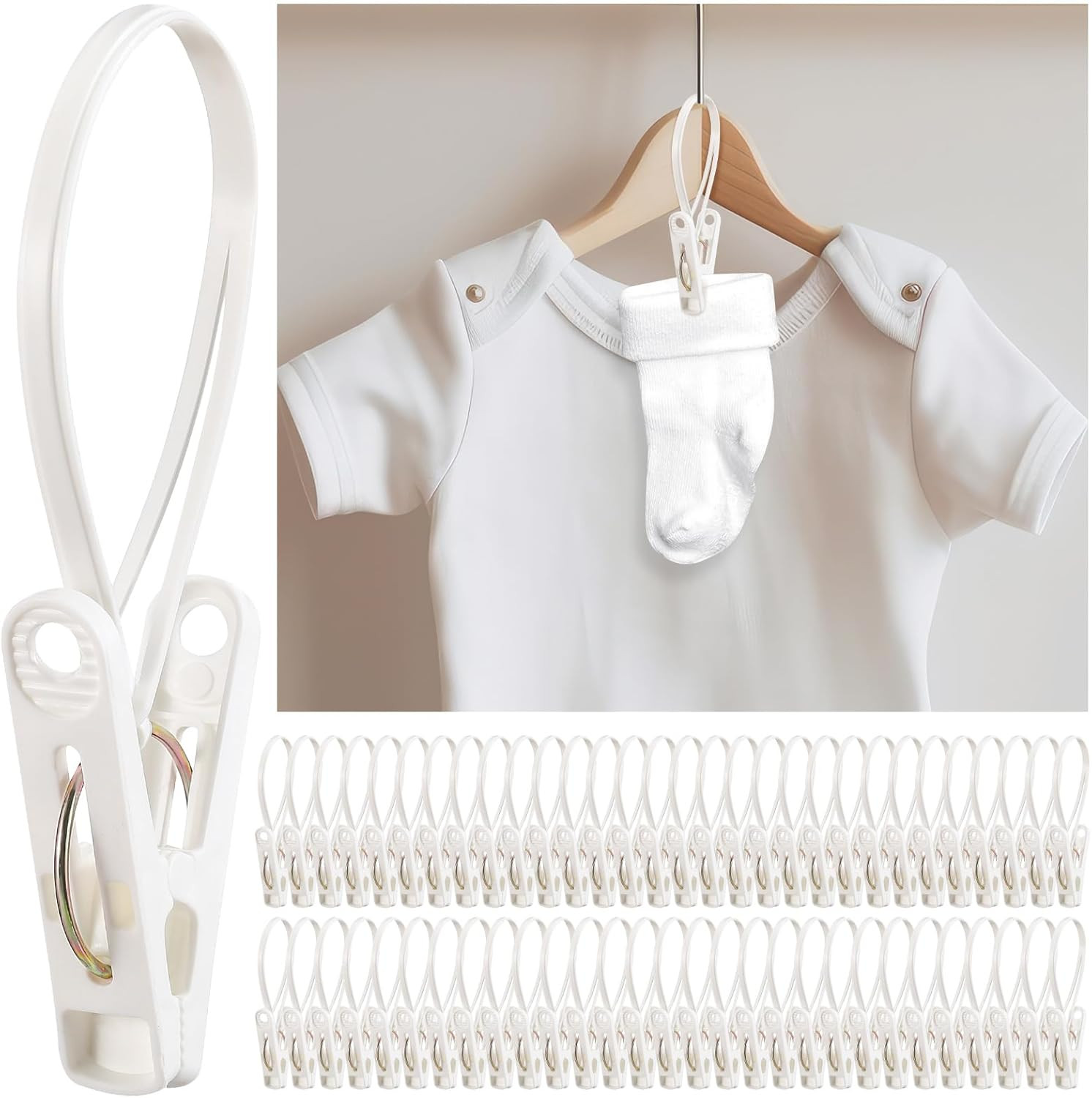 60 Pack Multi-Purpose Laundry Hooks Hanging Clips Bulk with Plastic Rope Hang...