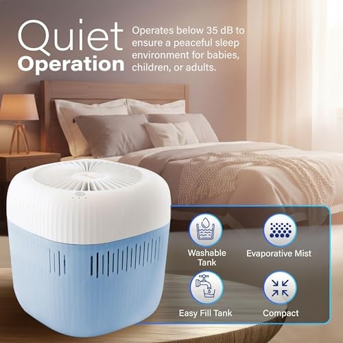 Evaporative Humidifier, Wick Filter, Dishwasher Safe Tank, UV Light, No White