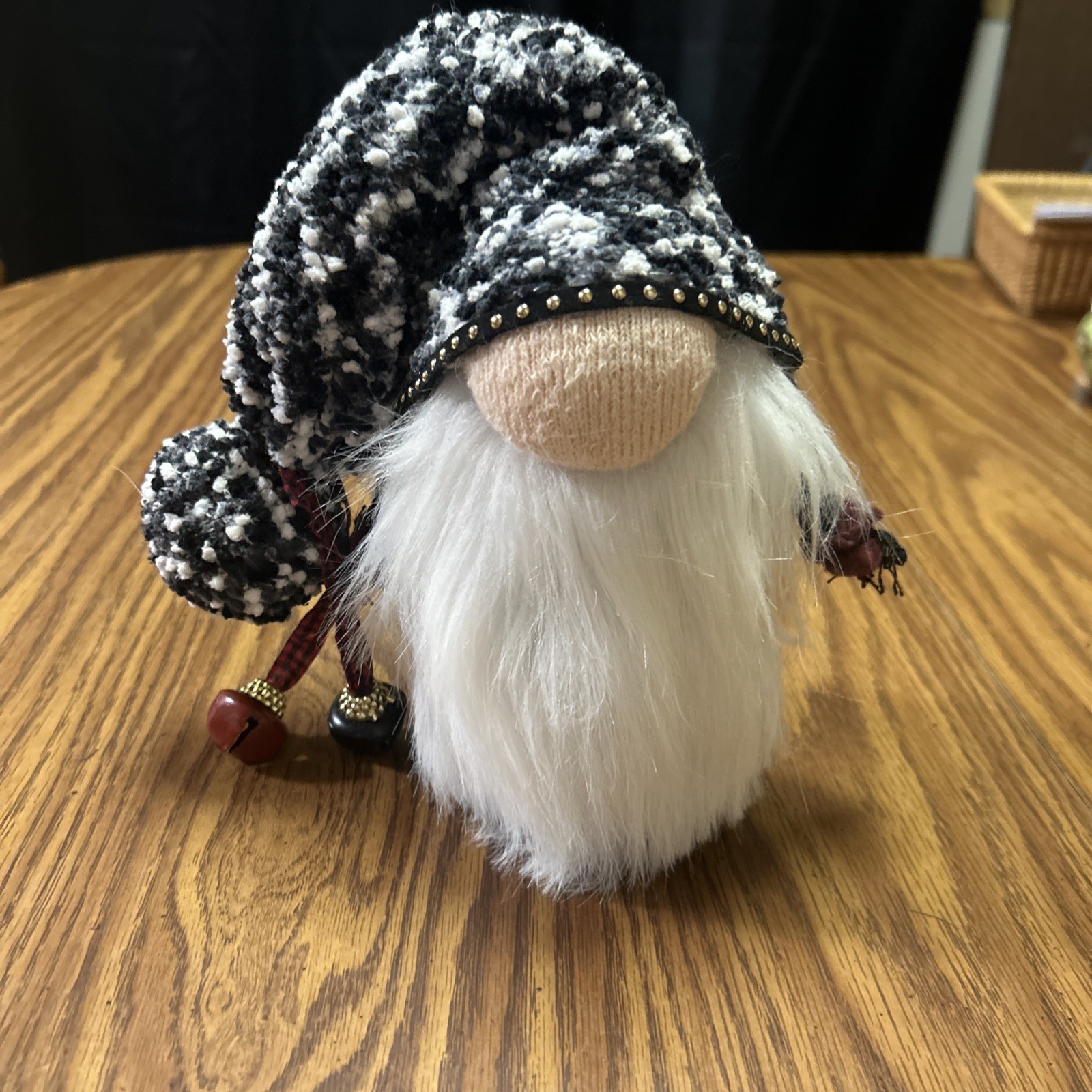 Handmade, Black And White Gnome With Bells On The Hat