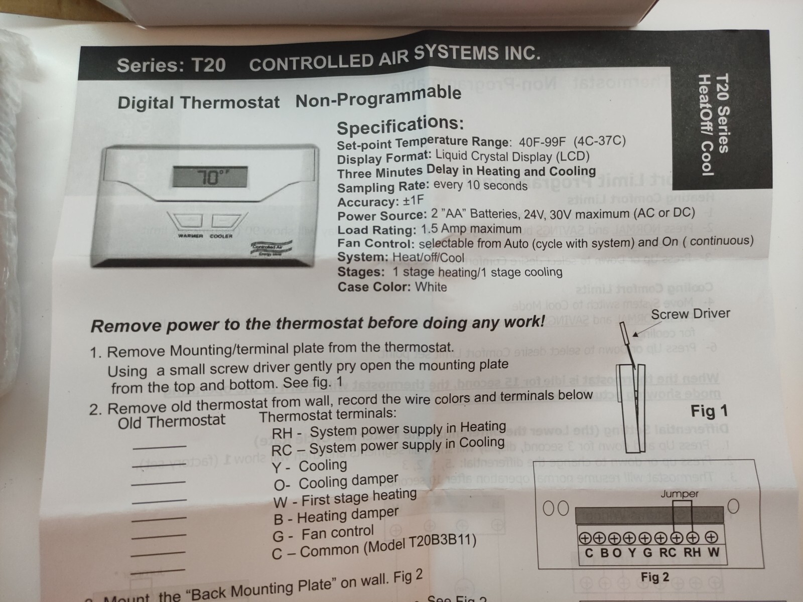 non programmable thermostat T20-B3D11, Single Stage Application Only