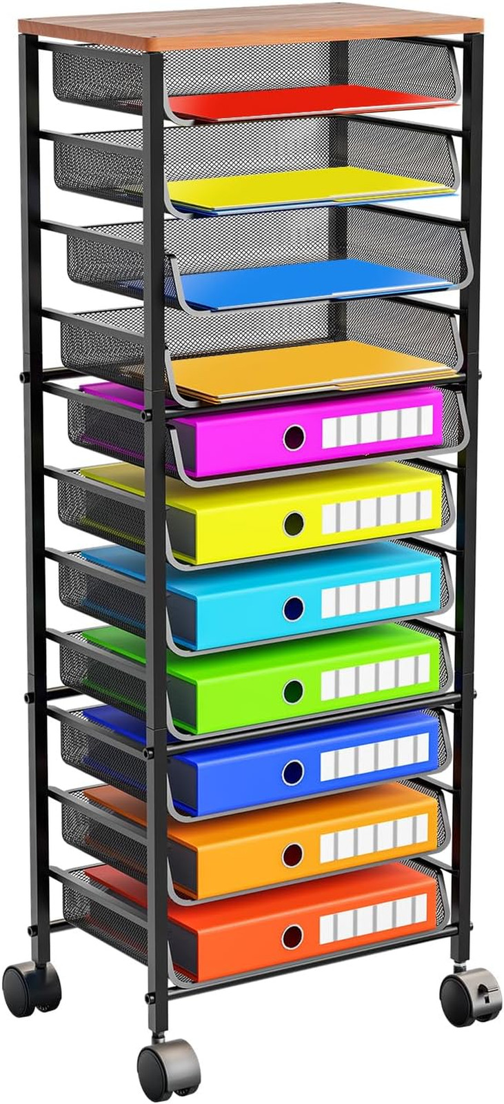 12 Tier Rolling File Cart,Wood Desk File Organizer with Sliding Trays and Wetal