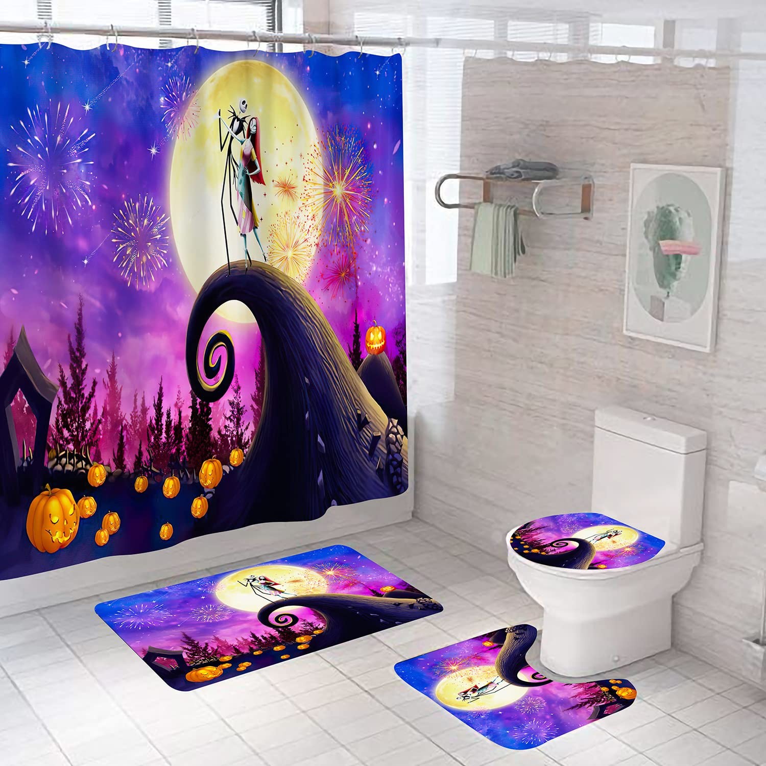4 PCS Christmas Shower Curtain Sets Kids Halloween Decor Hooks 71x71 Inch