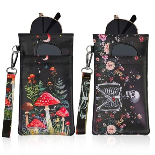 Double Eyeglass Case Soft Dual Glasses Case for Women 2 Black Skull+mushroom