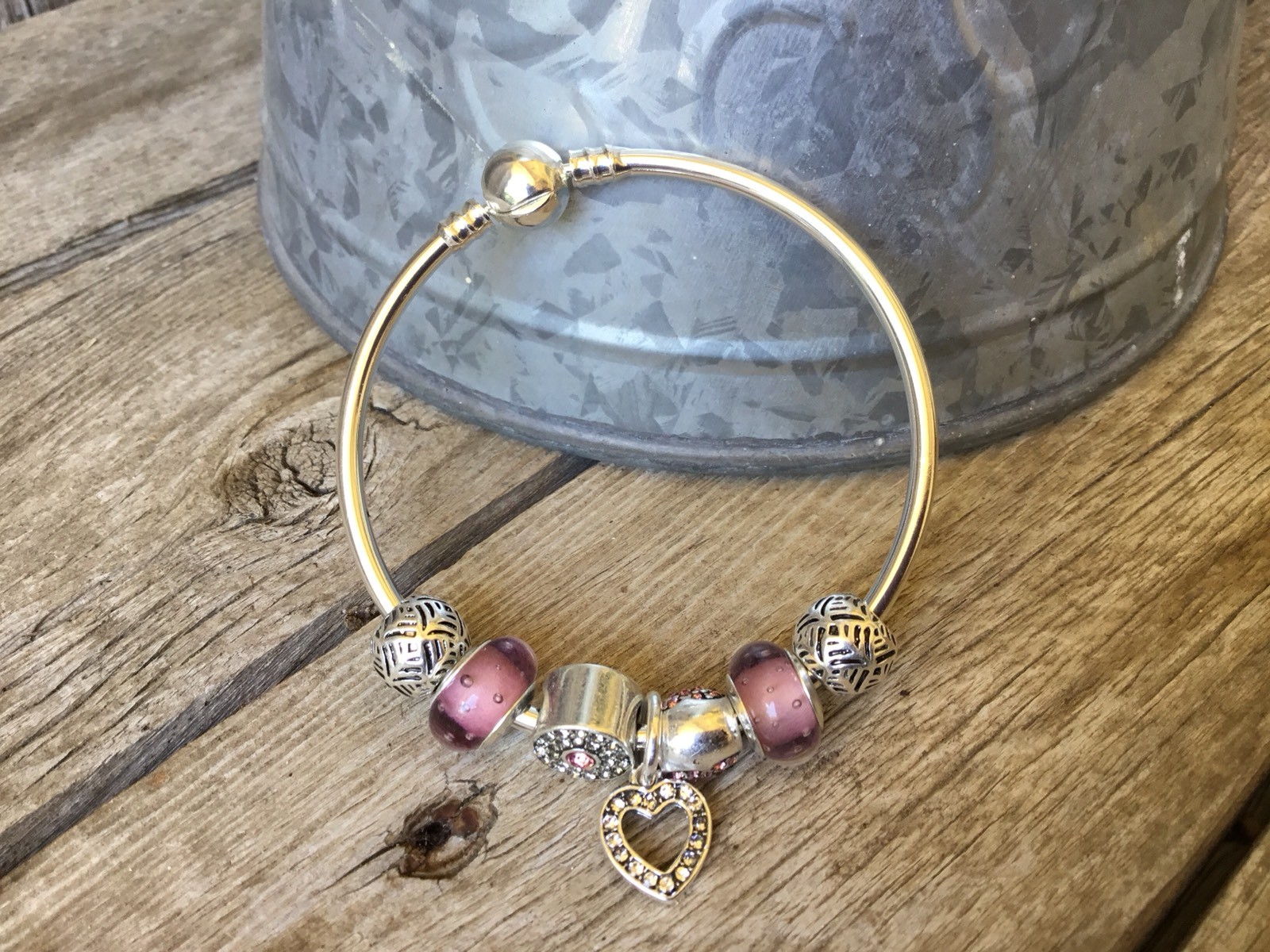 Beautiful Pink & Silver Heart Charm Bracelet, 17cm,Nickel Free, 925 Silver