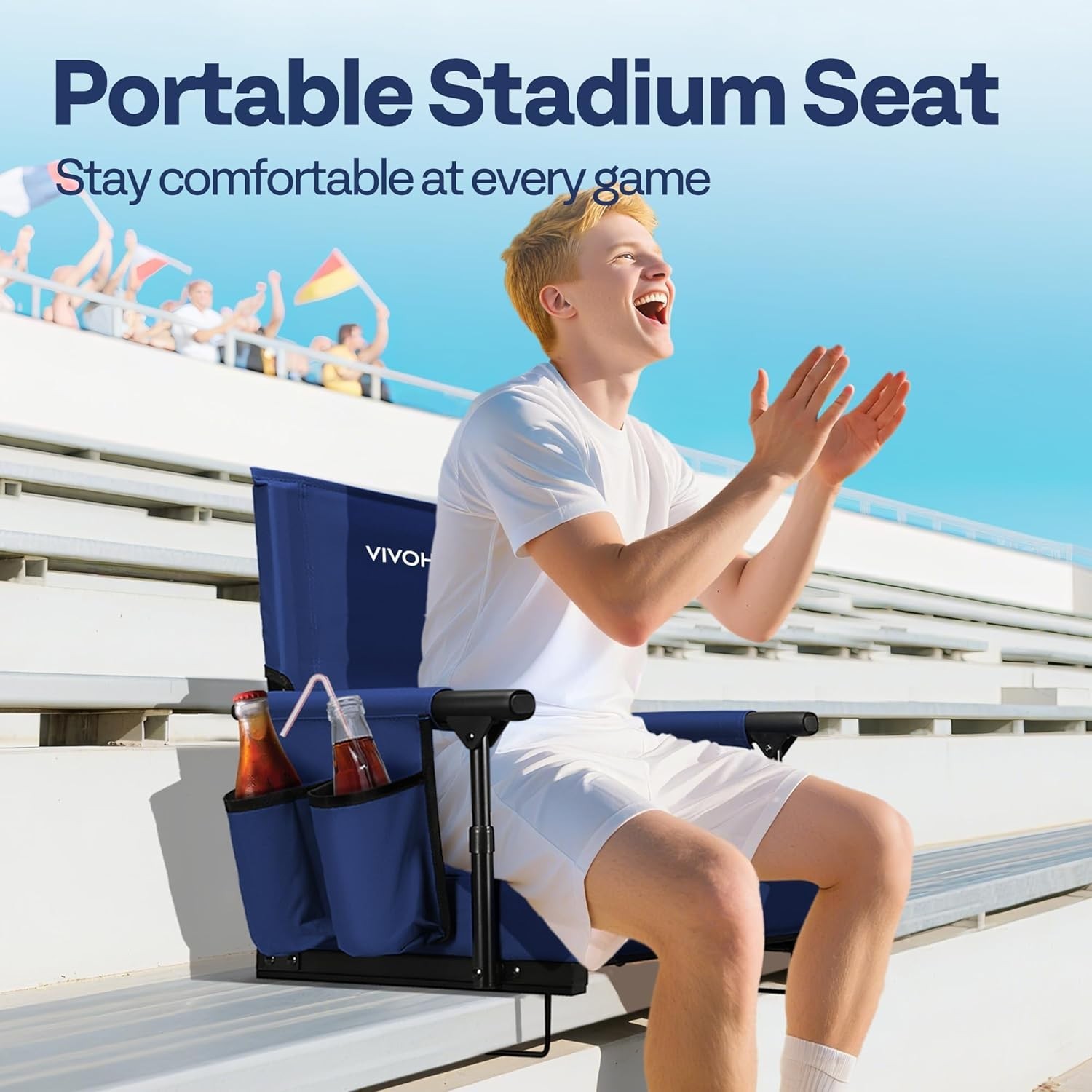 Comfortable Navy Blue Bleacher Chair with Adjustable Shoulder Strap & Cup Holder