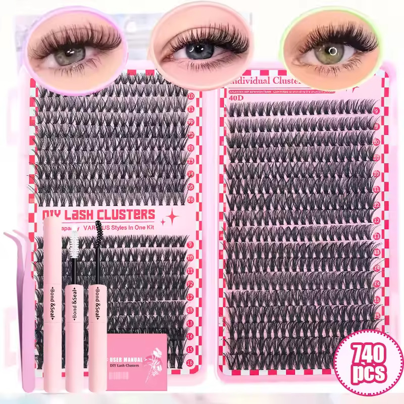 Lash Extension Kit 740Pcs,DIY Individual Lashes Clusters Kit,Lash Bond And Se..
