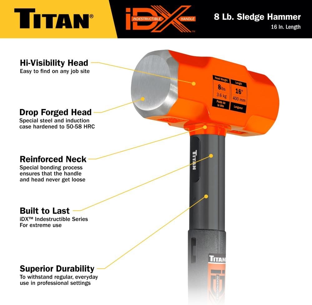 Titan iDX 63618 8lb Sledge Hammer with 16" Indestructible Handle Reinforced