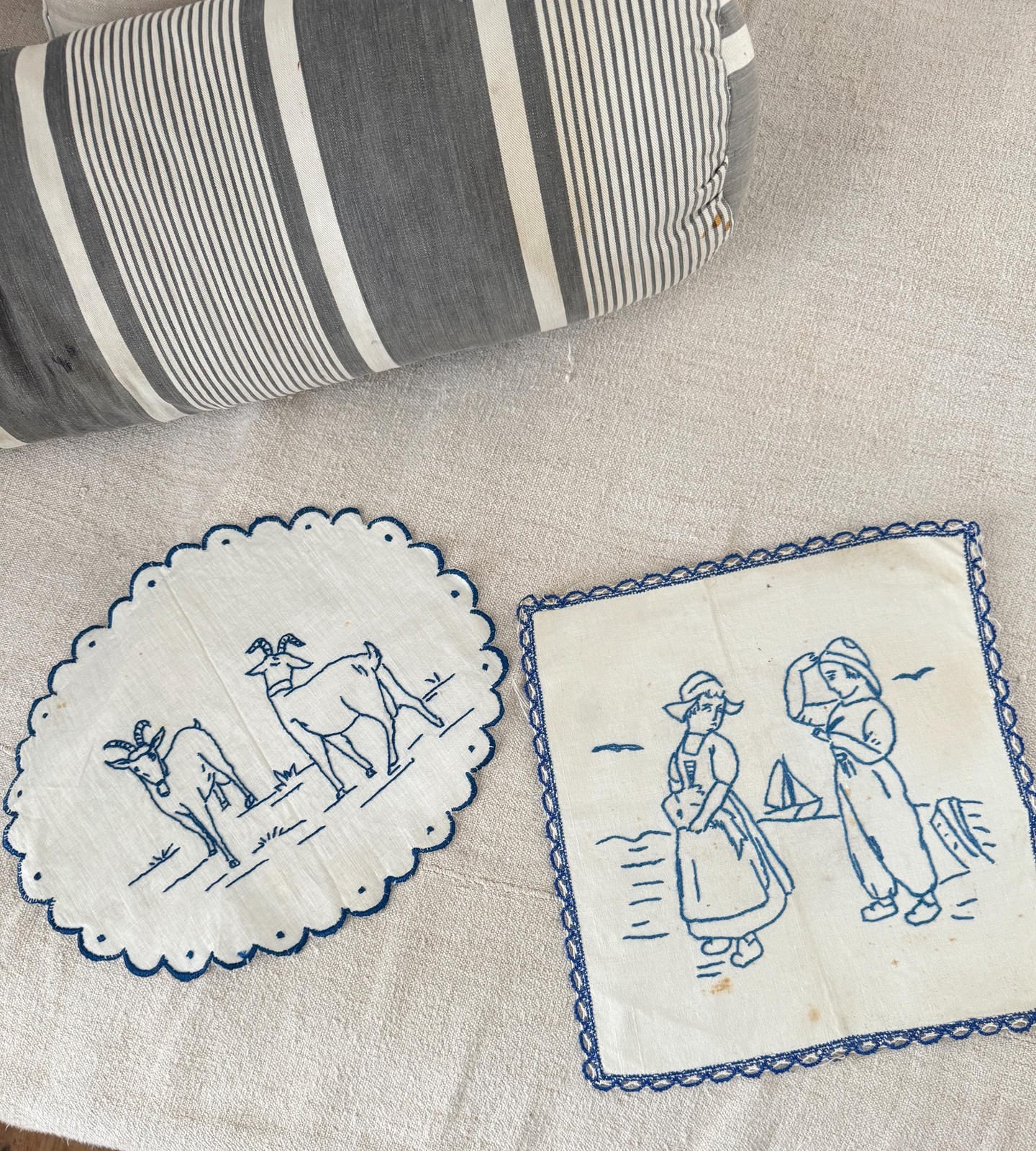 2 vintage wall art framing French blue embroidered embroidery  home decor fabri