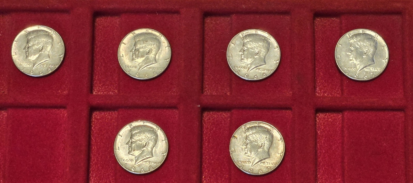 Lot Of 6 ea 40 Percent Silver Kennedy Half Dollars Mixed 1965 1966 1967 1968/69