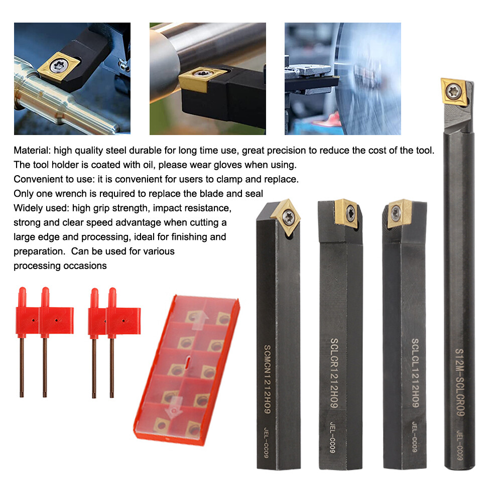 4Pcs Lathe Turning Tools + 10Pcs Indexable Carbide Inserts Boring Bar Holder Set