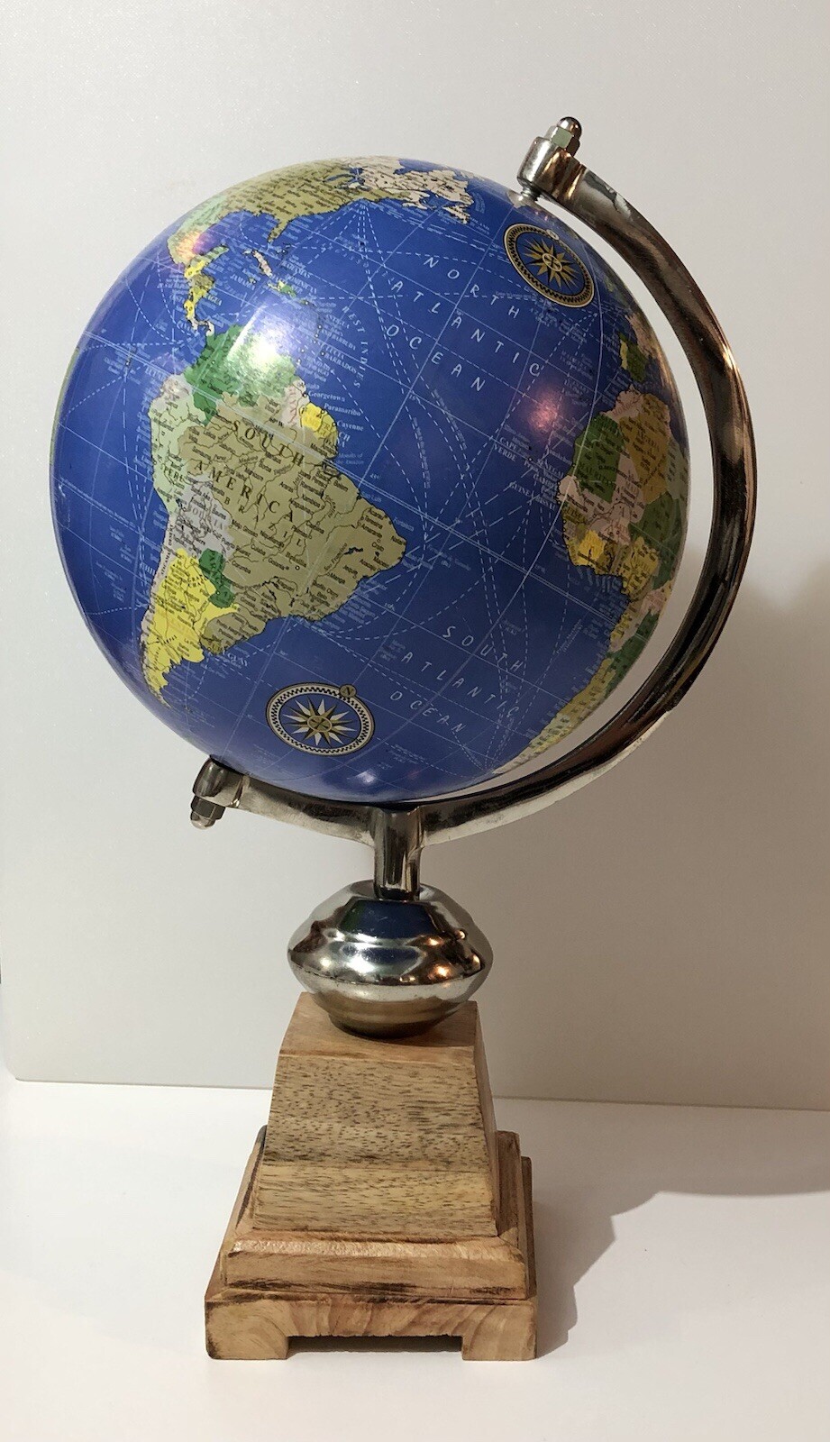 Rotating World Globe Table Top Decor Wood Base Metal Arm