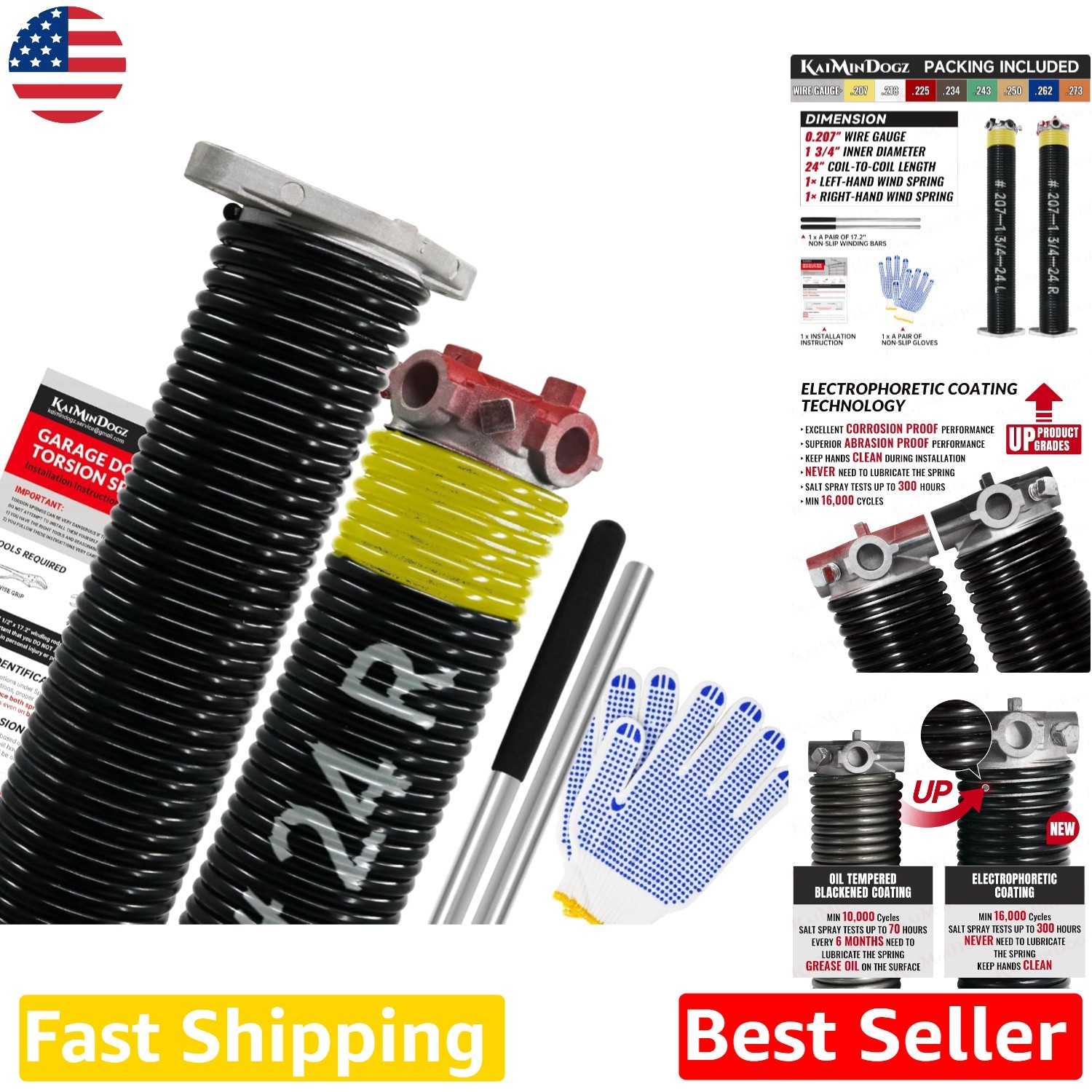 Garage Door Torsion Springs 1.75" 24" Pair - 16K Cycles, Oil-Free Black Coat