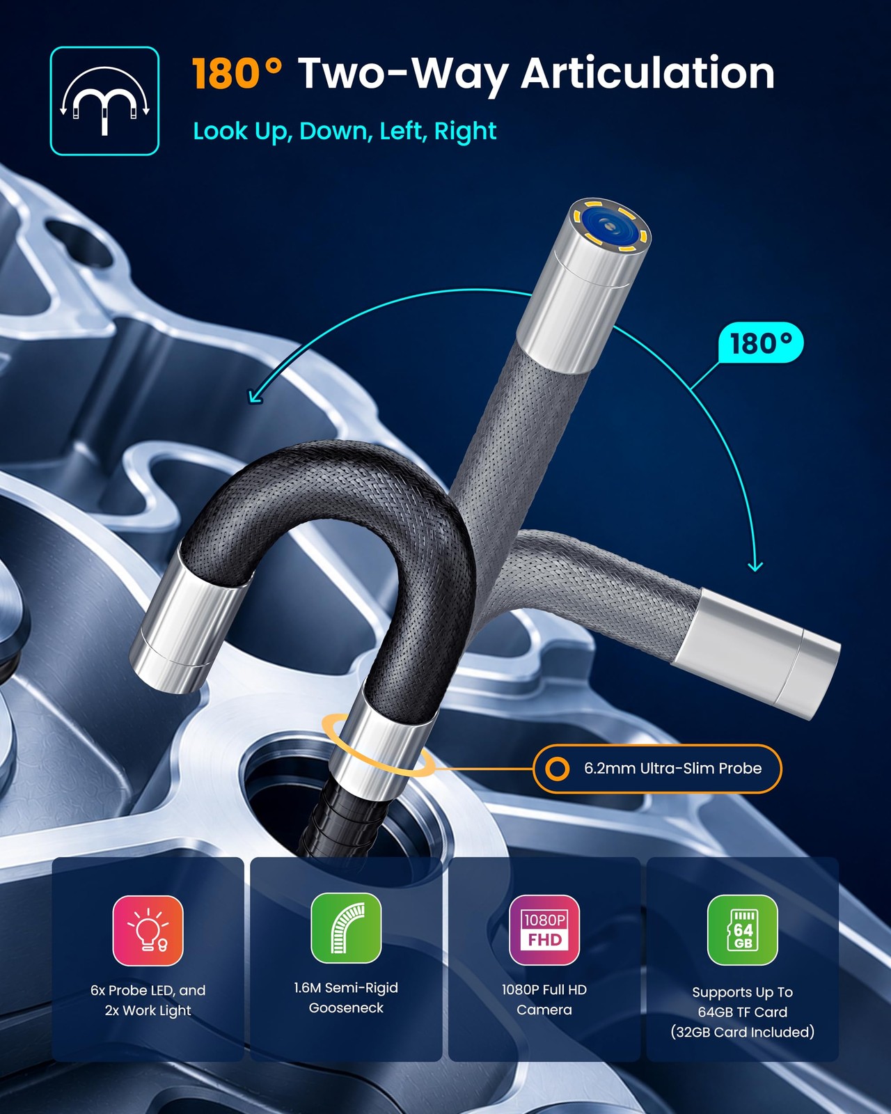 RS2 Two-Way Articulating Borescope Camera with Light, 1080P Industrial Endosc...