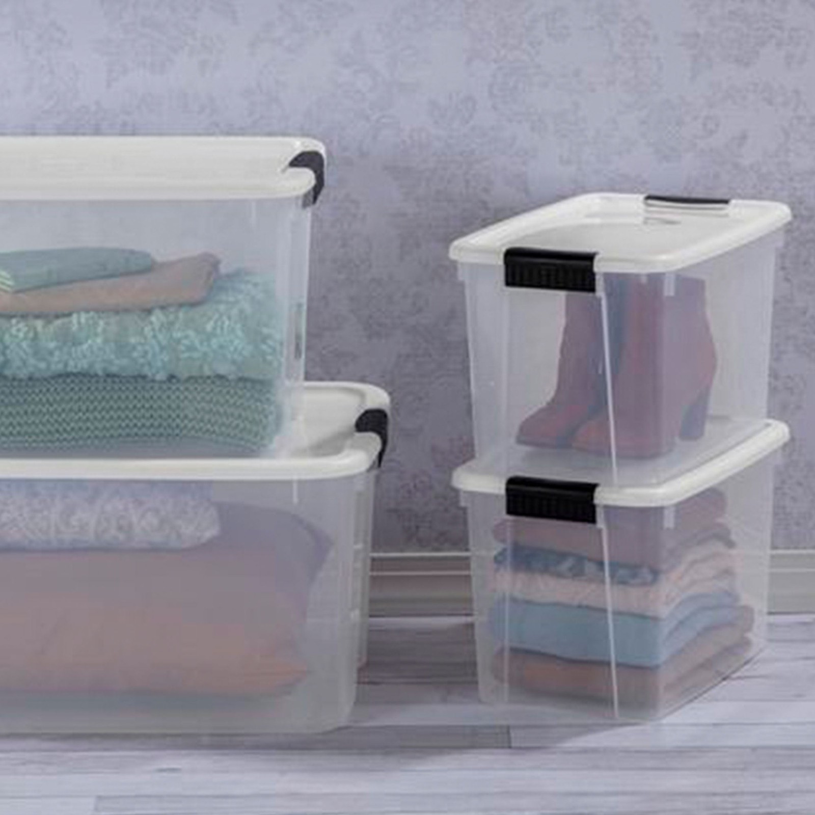 30 Qt Clear Plastic Stackable Storage Bin w/ Latch Lid, White (6 Pack)