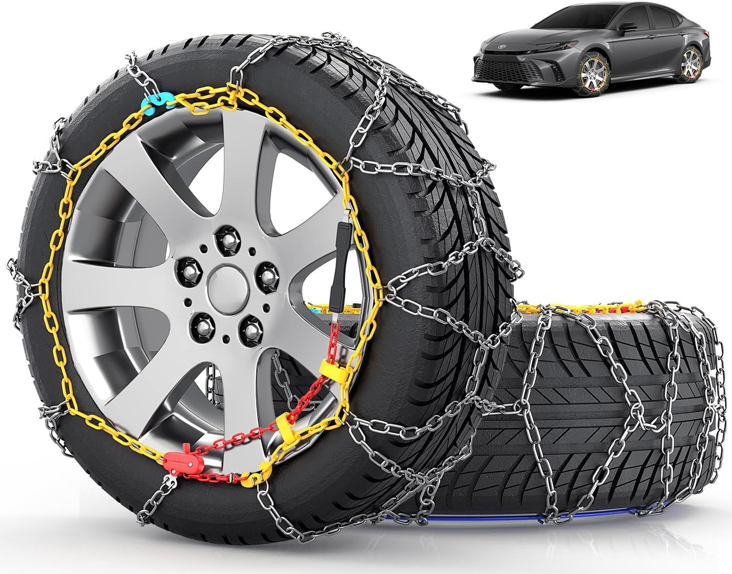 FENCARCIO Snow Chains KN120 – One-Pull Easy Install Tire Chains (Set of 2)