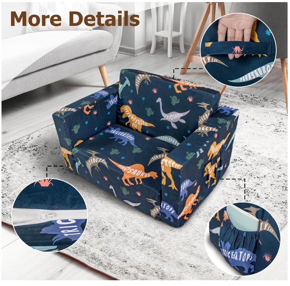 Dinosaur Blue Flip Out Chair To Lounger Couch Sofa For Kids Boys Toddlers 1-3