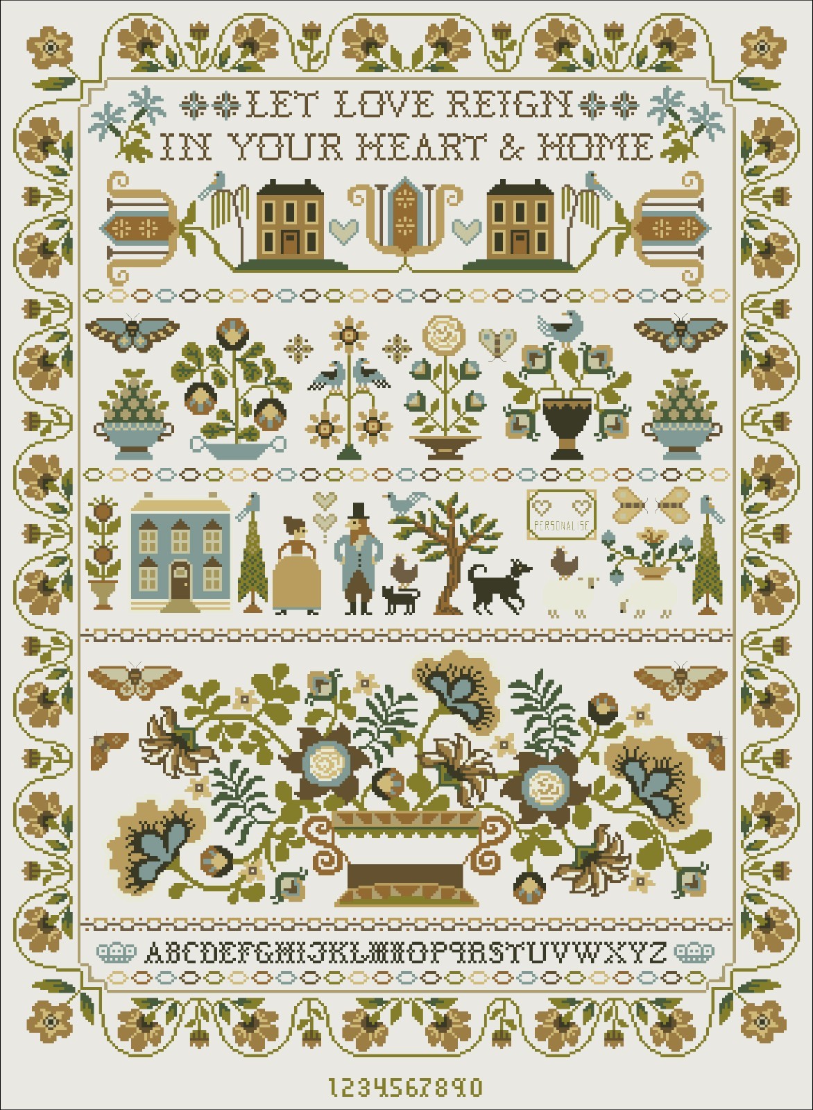 LET LOVE REIGN Sampler Cross Stitch Pattern Vintage Family Floral Nature DIY