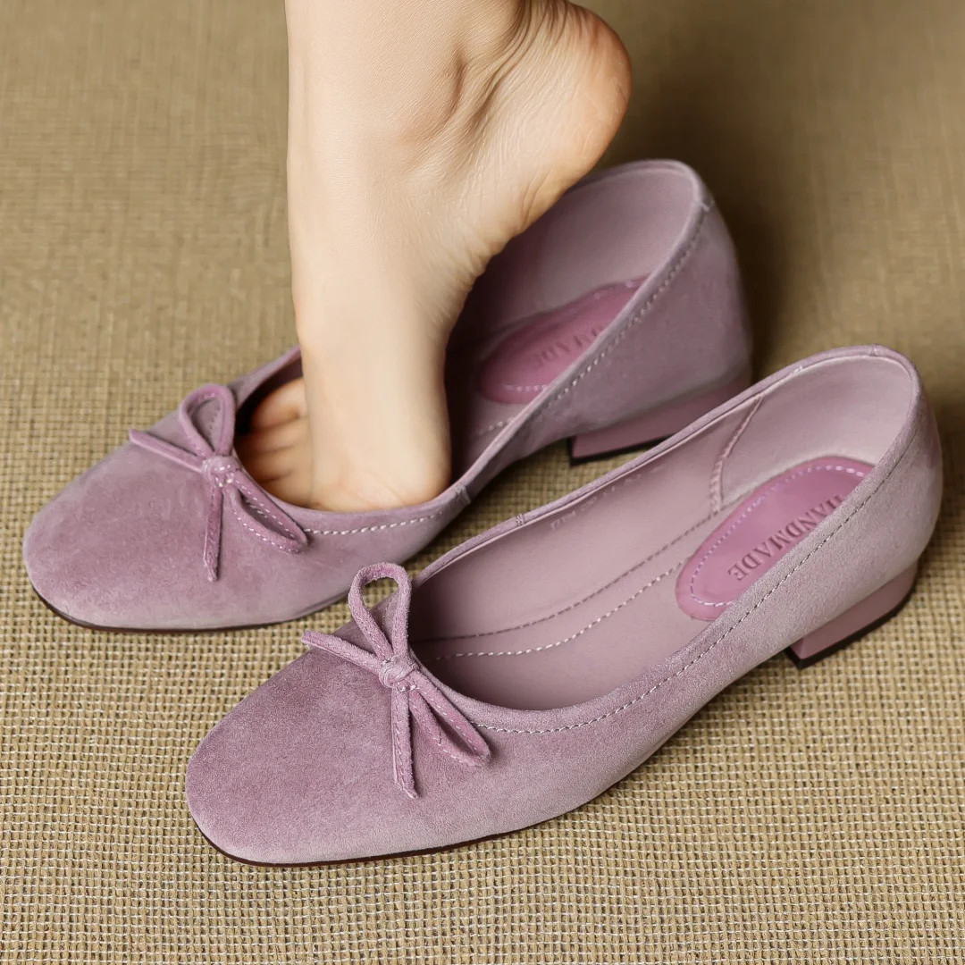 Women's Suede Bowtie Round Toe Low Heels Flats Soft Comfortable Casual Shoes