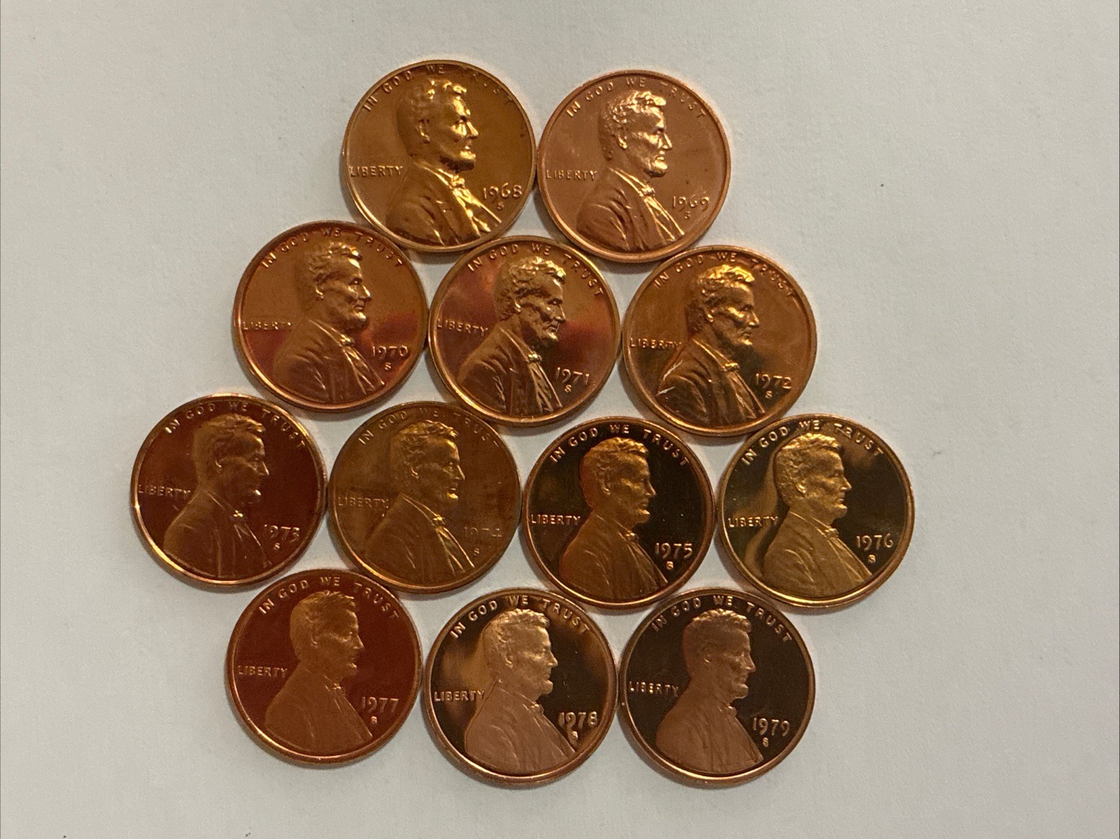 1968-1979 S PROOF LINCOLN PENNYS - 12 COINS - DIRECTLY FROM PROOF SETS