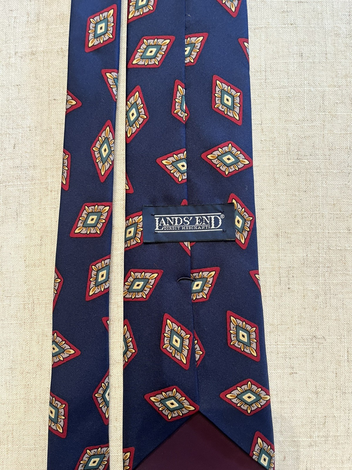 Men’s Lands’ End 100% Silk Tie Navy Geometric Pattern Hand Sewn USA