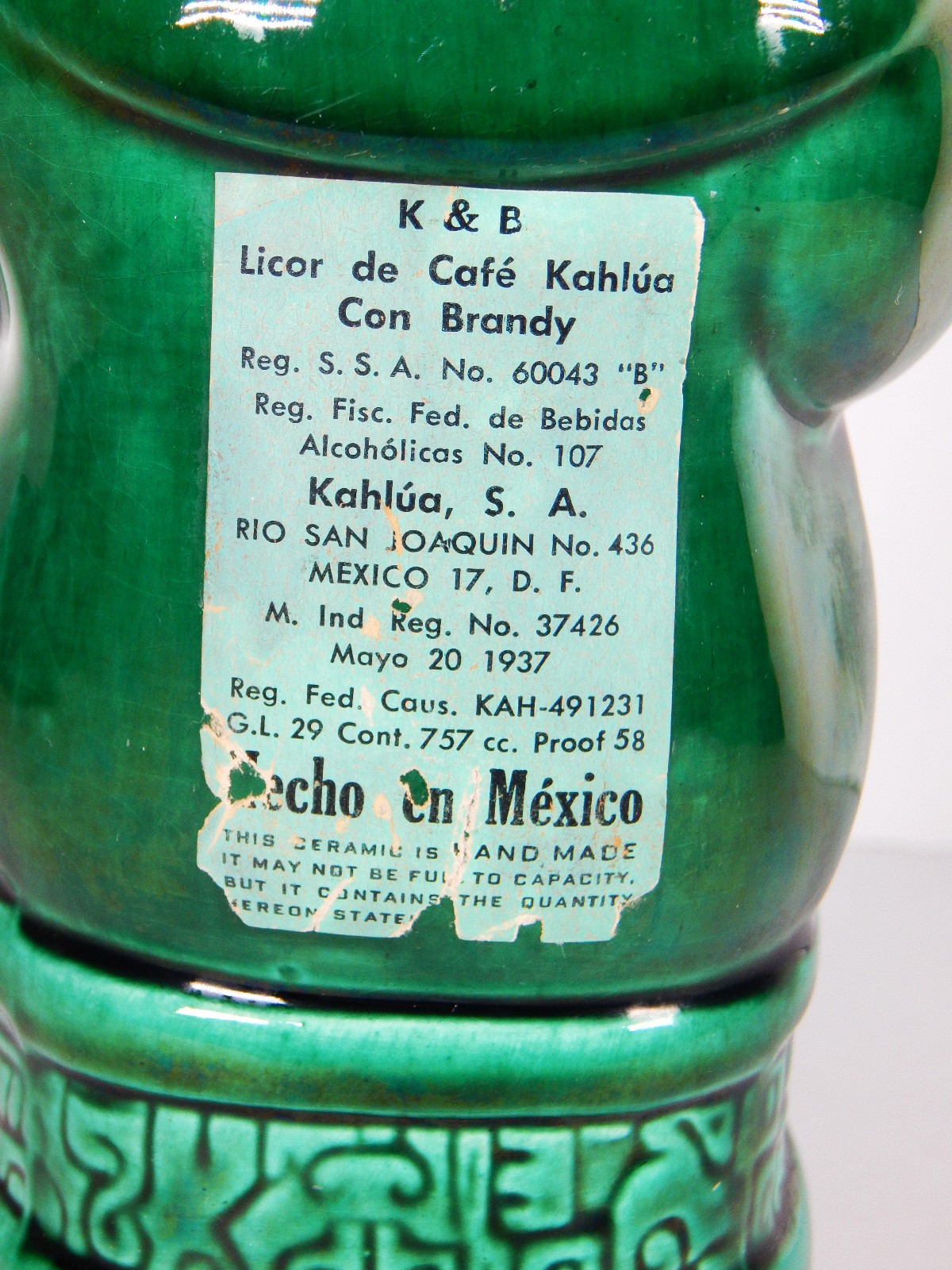 1937 AZTEC KAHLUA BOTTLE DECANTER HAND MADE CERAMIC GREEN TIKI K&B EMPTY LABEL