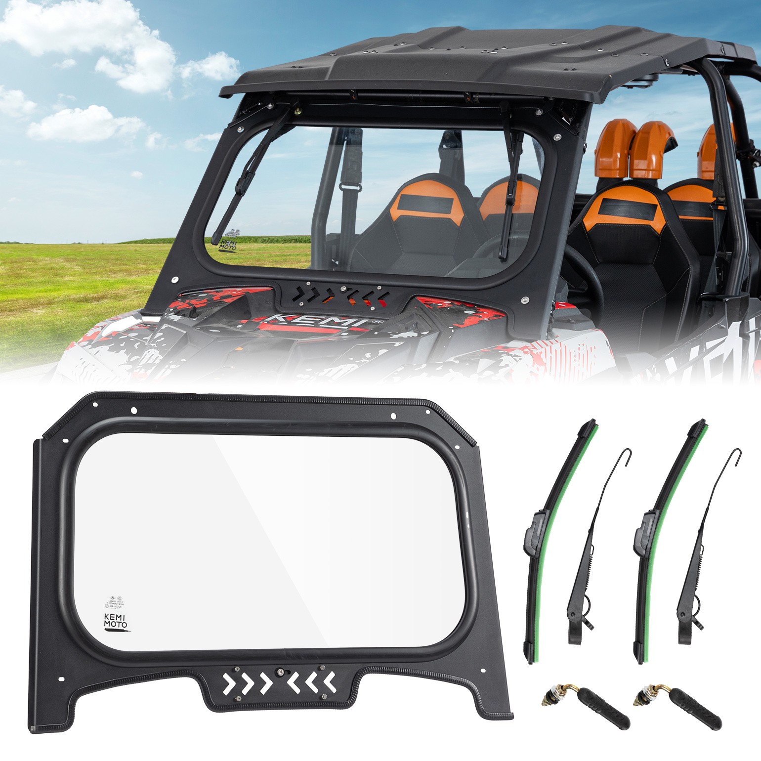 KEMIMOTO Glass Windshield Vent w/ Dual Manual Wipers For RZR XP 1000/4 2019-2023
