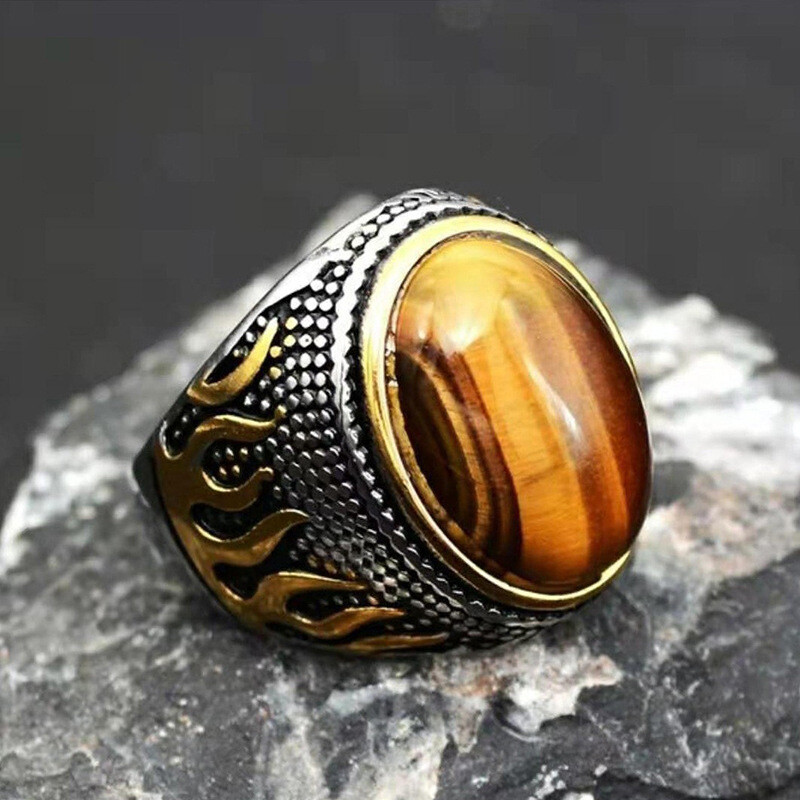 Vintage Fire Pattern Tiger Eye Stone Men's Signet Ring Stainless Steel Size 7-13