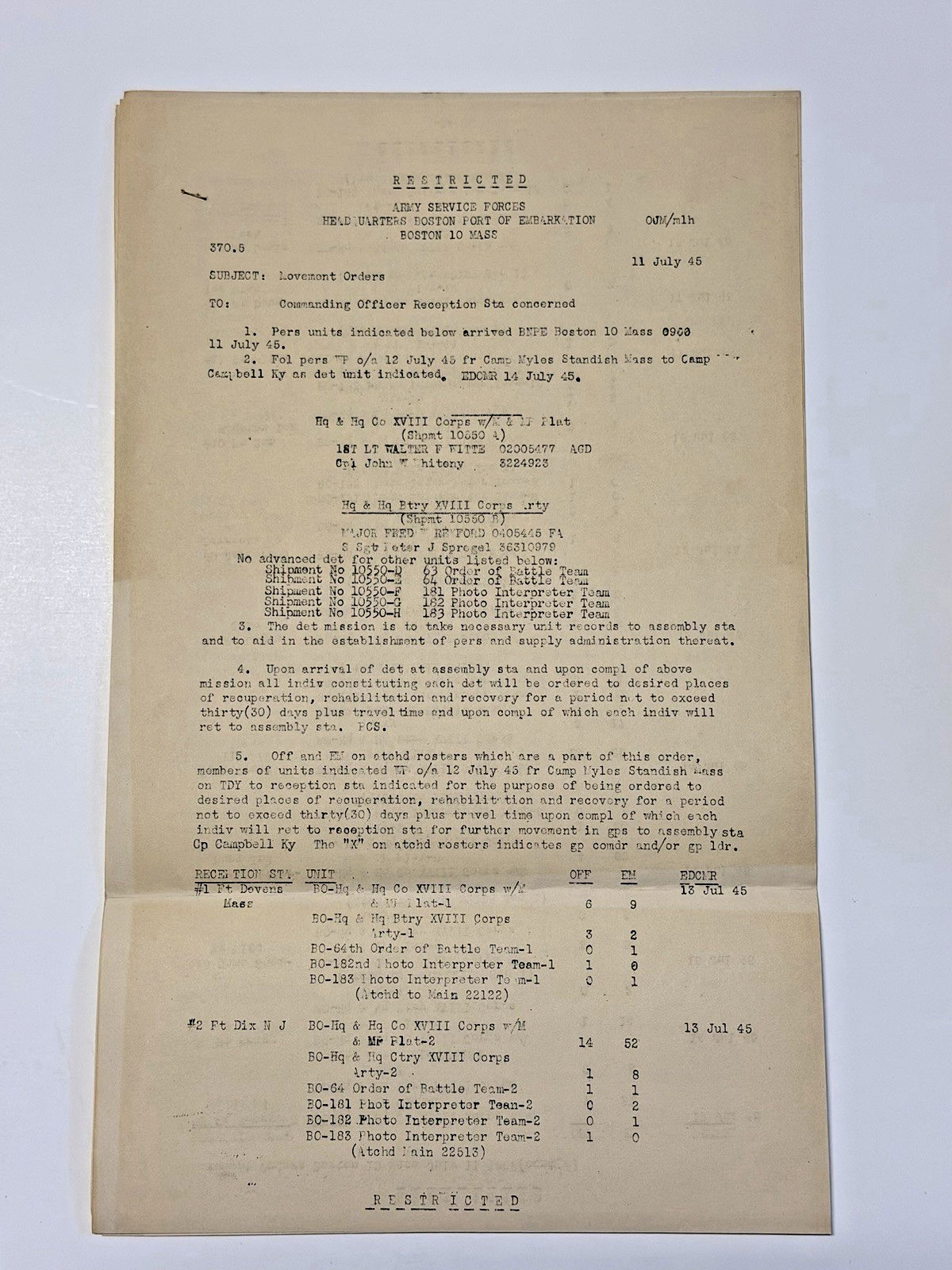 WW2 "RESTRICTED" Military Order of Army Service Forces, Boston Port; 11 July 45