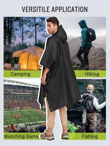 Extra Thick Hooded Rain Poncho Double Layer Waterproof Raincoat Black 2 Pack