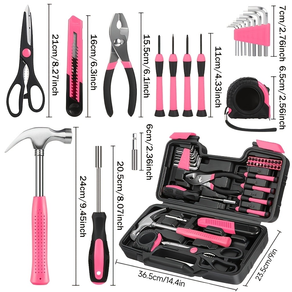 39pcs Pink Tool Kit | Includes Screwdriver, Utility Knife, Scissors,