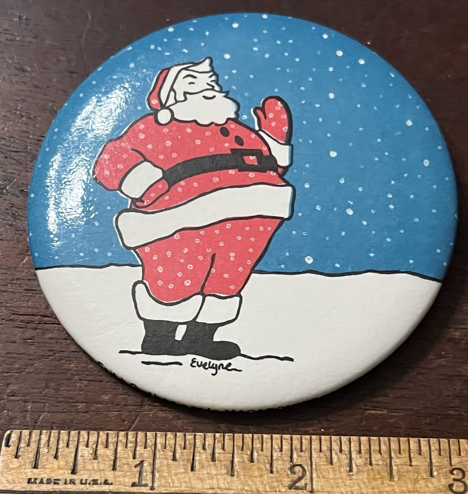 Santa in the snow, Artist Evelyne Pinback Button, 3  in Dia. Quebec Macaronier