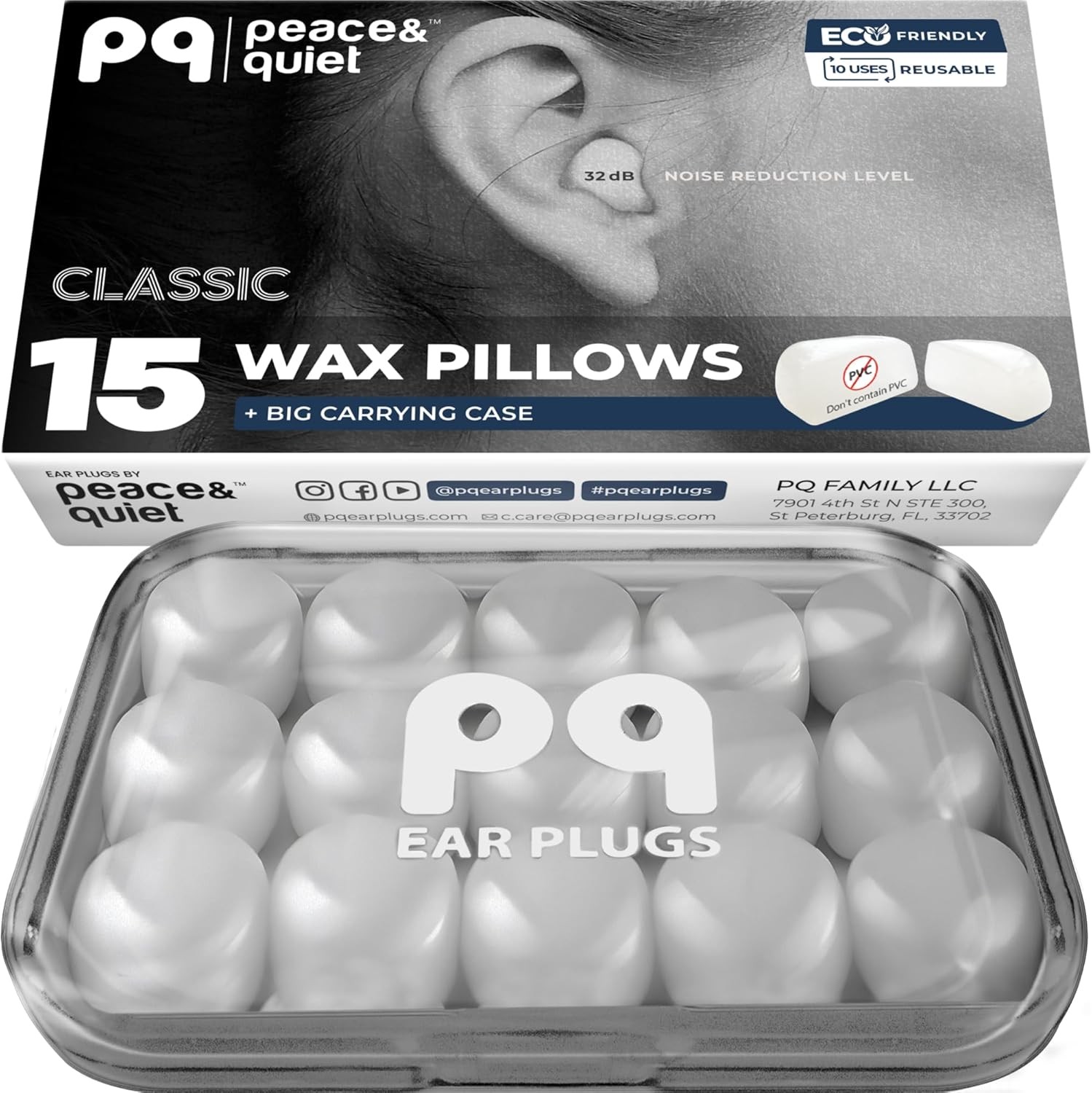 PQ Wax Ear Plugs for 15 Count (Pack of 1), 15 Basic Pack + Big Holding Case